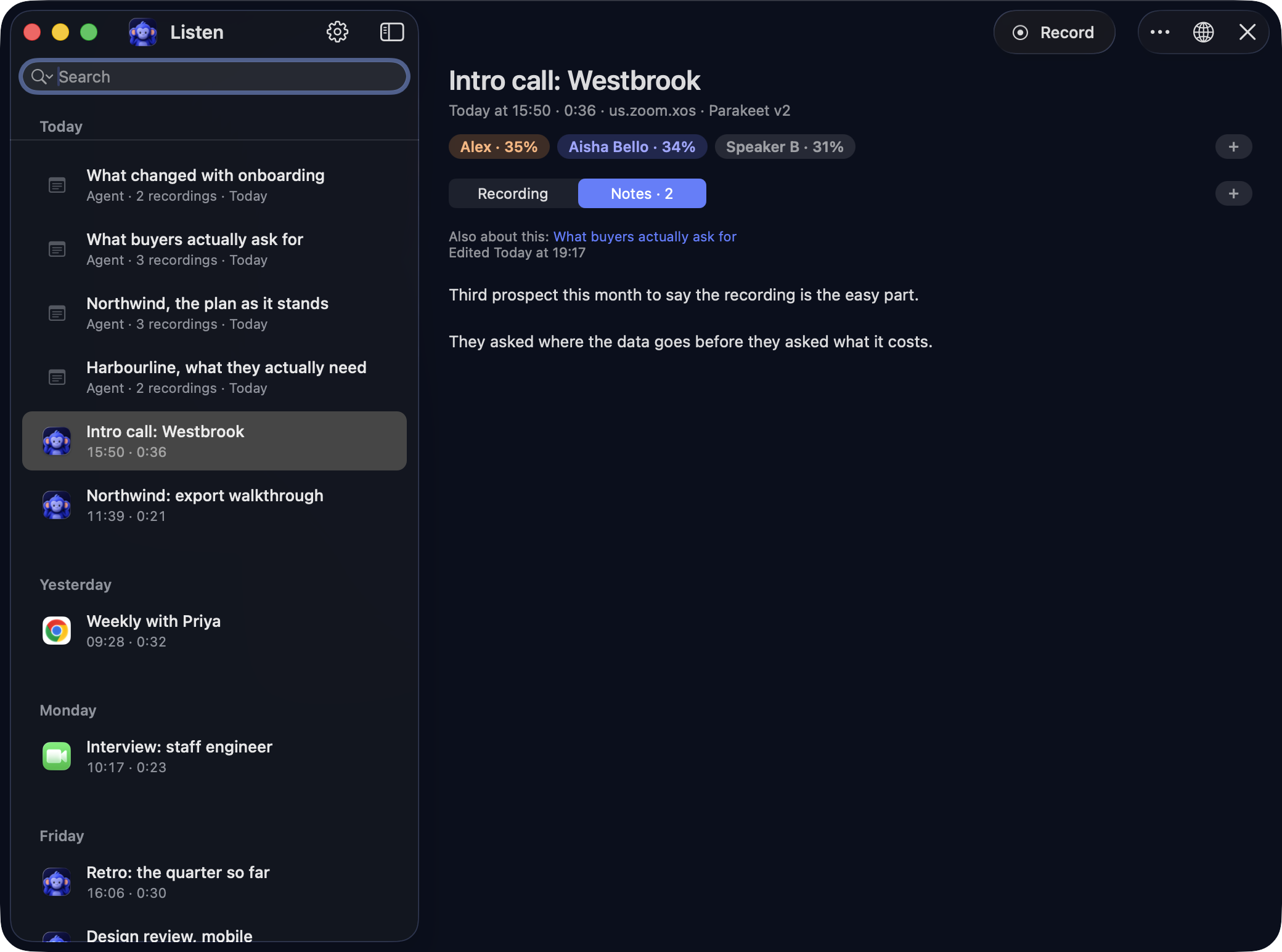 The Notes tab on a recorded call: your own note, and above it an agent note that links three conversations.